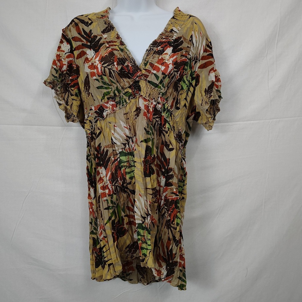 Vtg Allison Taylor pleated flared baby doll blouse size XLTropical Earthy Brown